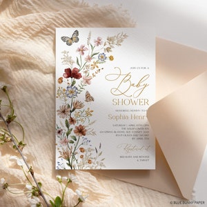 May include: A floral baby shower invitation with a gold butterfly and the text "Join us for a Baby Shower Honoring Mommy-to-be Sophia Henry" and details for the event.