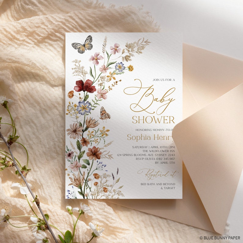 May include: A floral baby shower invitation with a gold butterfly and the text "Join us for a Baby Shower Honoring Mommy-to-be Sophia Henry" and details for the event.