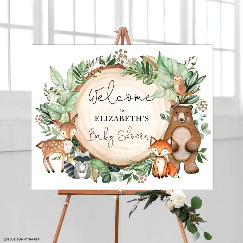 EDITABLE Greenery Woodland Baby Shower Welcome Sign. Rustic Forest Animals Printable Decoration. Botanical Greenery Forest. WOOD24