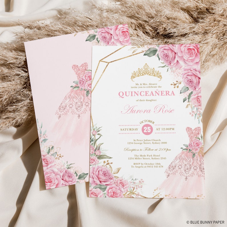 May include: A pink and gold Quincea&ntilde;era invitation with a watercolor illustration of a pink dress, flowers, and a crown. The text reads "Mr. & Mrs. Alkara invite you to celebrate the Quincea&ntilde;era of their daughter Aurora Rose. Saturday, October 25th at 12:00 PM. St. Peter Julian Church, 1234 George Street, Sydney 2000. Reception to follow at 20:00 PM. The Hyde Park Hotel, 1234 Miller Street, Sydney 2545. RSVP by October 10th to Angela at 0412 345 678. Blue Bunny Paper."