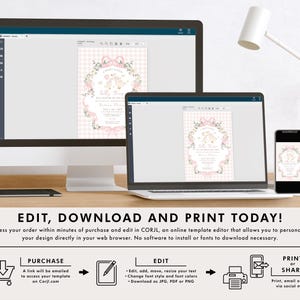 May include: A desktop computer, laptop, and smartphone display a baby shower invitation template. The invitation features a floral wreath, bows, and a gingham background. The text "EDIT, DOWNLOAD AND PRINT TODAY!" is displayed at the bottom.