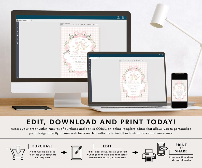 May include: A desktop computer, laptop, and smartphone display a baby shower invitation template. The invitation features a floral wreath, bows, and a gingham background. The text "EDIT, DOWNLOAD AND PRINT TODAY!" is displayed at the bottom.