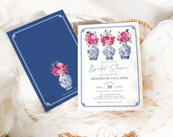 Chinoiserie Porcelain Bridal Shower Invitation, Delft Blue Pink Floral Grandmillenial EDITABLE TEMPLATE, CHI3