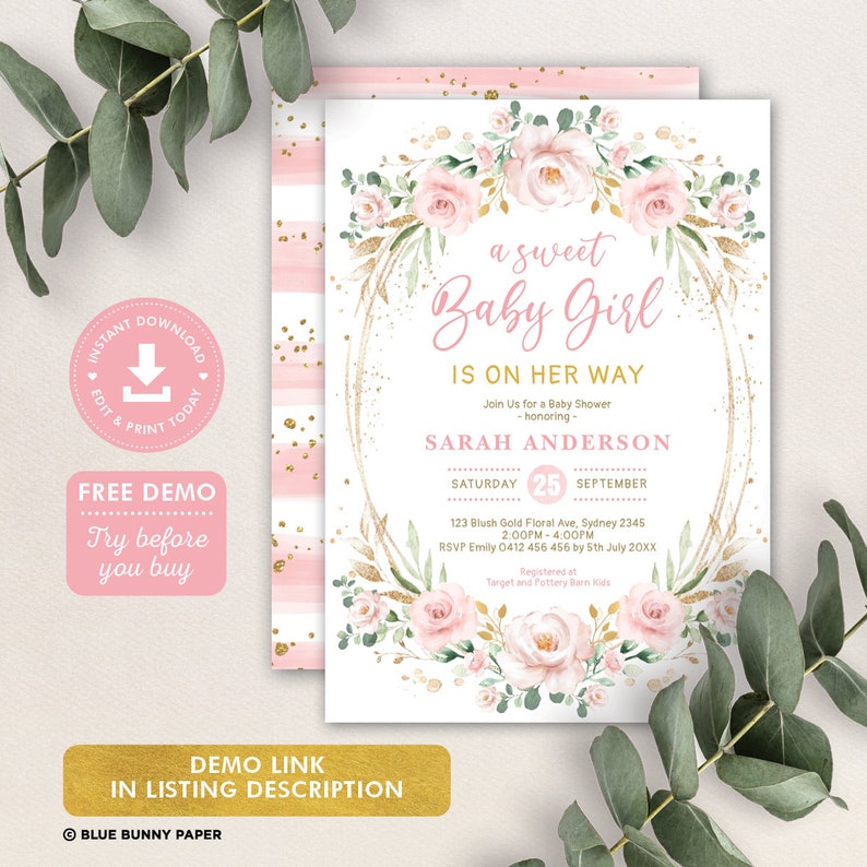May include: Pink and gold baby shower invitation with a floral wreath and the text "a sweet Baby Girl is on her way". The invitation includes the name Sarah Anderson, the date Saturday, September 25th, and the time 2:00PM - 4:00PM. The RSVP information is also included.