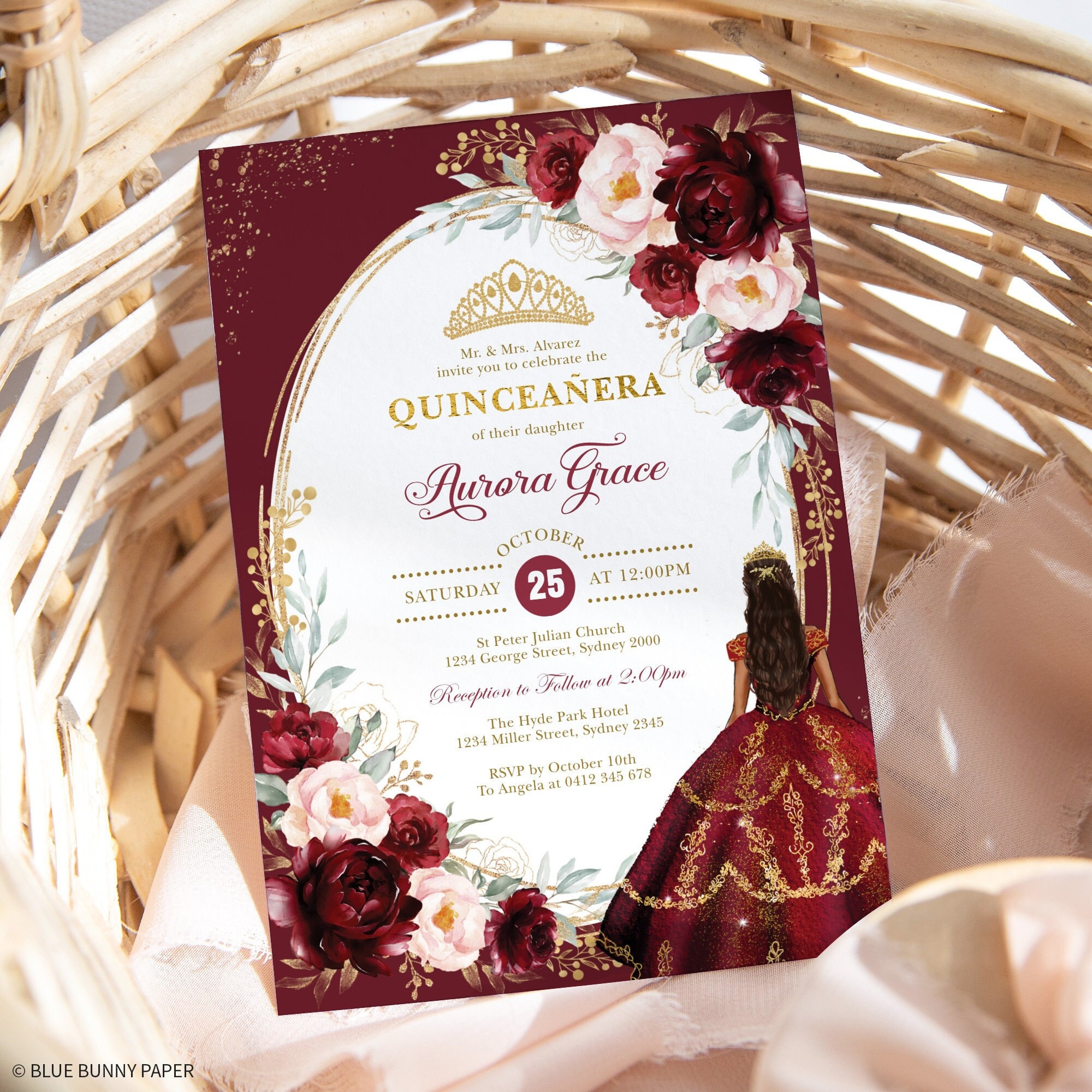 Burgundy Blush Quinceanera Invitation Editable Template Mis Quince 15 Anos Sweet 16 Princess Tiara Printable Instant Download Corjl FLO24