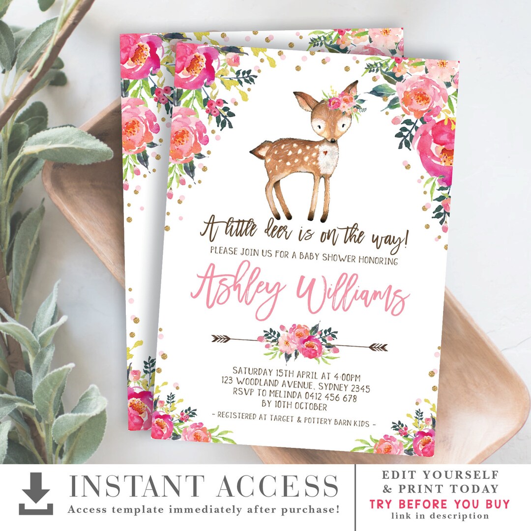 EDITABLE Girly Deer Baby Shower Invitation. Woodland Watercolor Floral ...