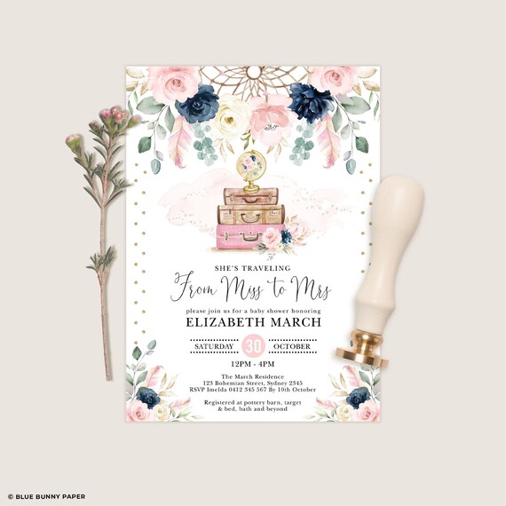 EDITABLE Travel Bridal Shower Invitation Navy Blush Floral Printable EDITABLE Travel Bridal Shower Invitation Navy Blush Floral Printable