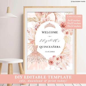 May include: A printable Quincea&ntilde;era welcome sign template with a pink and gold color scheme. The sign features a floral design with a crown, a dress, and the text "Welcome to Elizabeth's Quincea&ntilde;era 15.05.20XX".