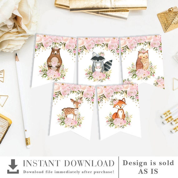 Girl Woodland Animals Printable Banner Blush Pink Watercolor