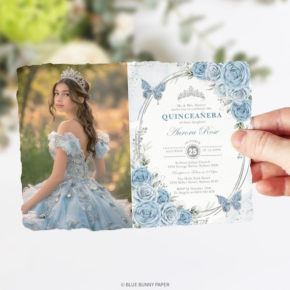 Baby Blue Quinceaera Invitation, Silver Butterfly Quincenera Crown  Princess Mis Quince 15 Anos Birthday Photo EDITABLE TEMPLATE, FLO45 - Etsy