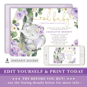 May include: Purple and gold baby shower invitation with a watercolor illustration of a sleeping elephant with a floral crown. The text reads "Oh Baby! A sweet little peanut is on the way!" and includes the name Charlotte Bennett, date, time, and RSVP information.