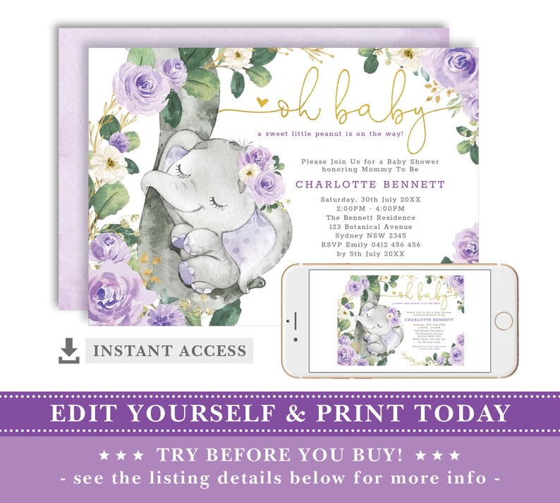 May include: Purple and gold baby shower invitation with a watercolor illustration of a sleeping elephant with a floral crown. The text reads "Oh Baby! A sweet little peanut is on the way!" and includes the name Charlotte Bennett, date, time, and RSVP information.
