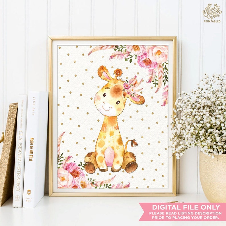 Boho Baby Giraffe / Girly Pink Gold Jungle Nursery Wall Decor / 8x10, 11x14, 16x20 PRINTABLE Nursery Art / INSTANT DOWNLOAD / FLO12AE image 1