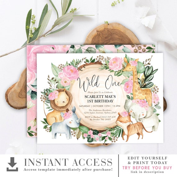 Drive By Safari Baby Shower Poster DB5 EDITABLE Girl Jungle Welcome Sign Pink Floral Wild Animals 1st Birthday Template Instant Download