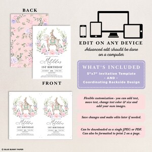 Puede incluir: Una plantilla de invitaci&oacute;n imprimible de 12,7 x 17,8 cm para un primer cumplea&ntilde;os. La invitaci&oacute;n presenta una ilustraci&oacute;n de acuarela de un conejito montando un ciervo con flores rosas y moradas. El texto de la invitaci&oacute;n dice "Matilda's 1st Birthday".