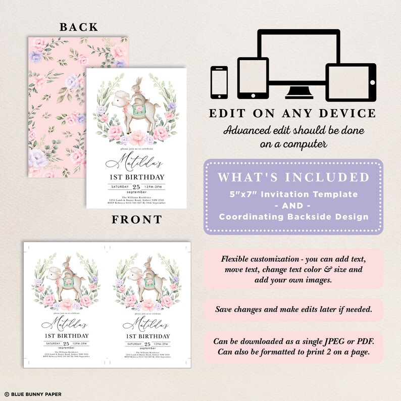 Puede incluir: Una plantilla de invitaci&oacute;n imprimible de 12,7 x 17,8 cm para un primer cumplea&ntilde;os. La invitaci&oacute;n presenta una ilustraci&oacute;n de acuarela de un conejito montando un ciervo con flores rosas y moradas. El texto de la invitaci&oacute;n dice "Matilda's 1st Birthday".