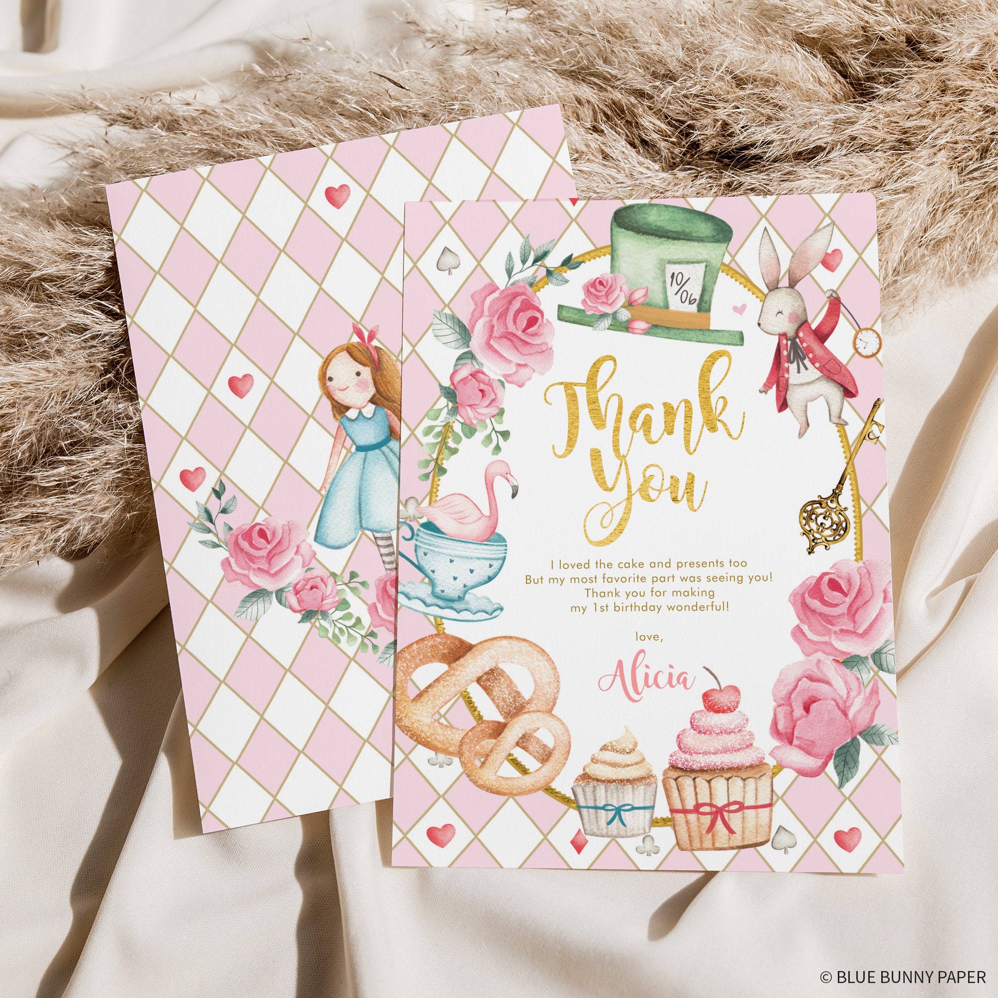 Alice in Wonderland Tea Party Birthday Thank You Pink - Instant Digita
