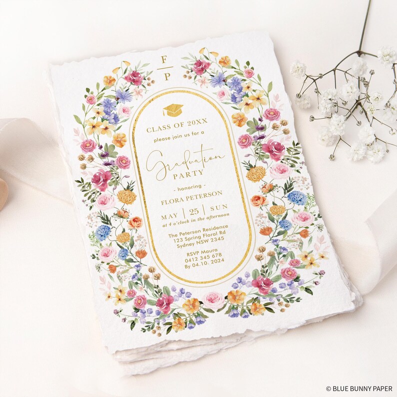 May include: A graduation party invitation with a floral border. The invitation features the text "CLASS OF 20XX" and "Graduation PARTY" in gold lettering. The invitation is decorated with pink, yellow, blue, and purple flowers.