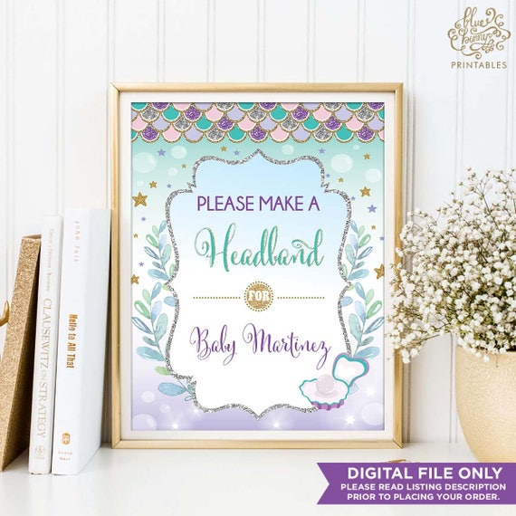 Mermaid HEADBAND STATION Printable Sign. Mermaid Baby Shower Make a Headband Sign. Under Sea Ocean Headband Decoration. Beach Baby. MER4 Il_570xn