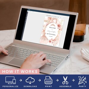 May include: A laptop screen displaying a digital printable welcome sign for a Quincea&ntilde;era. The sign features a pink and gold color scheme with floral and feather accents. The text on the sign reads "Welcome to [Name]'s Quincea&ntilde;era [Date]".
