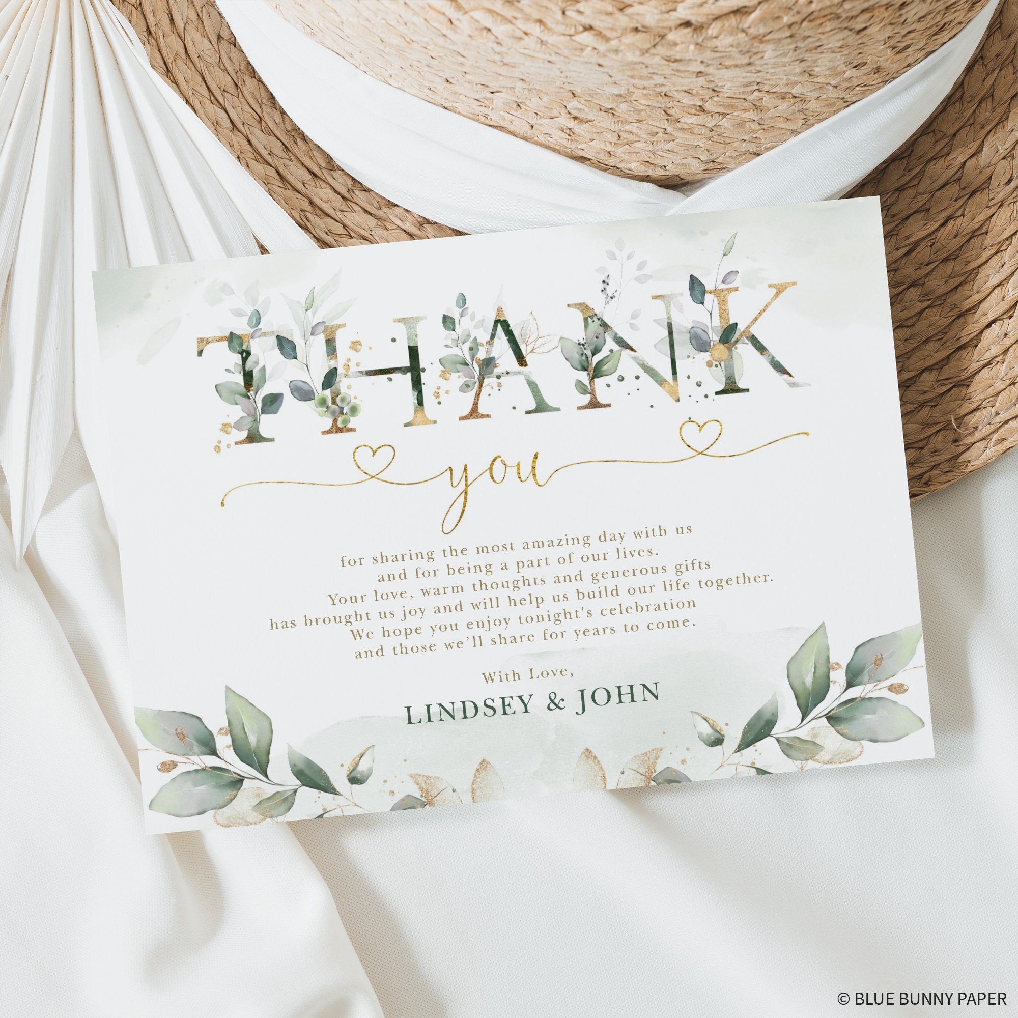 Sage Green Wedding Thank You Card, Greenery Wedding Favors, Elegant ...
