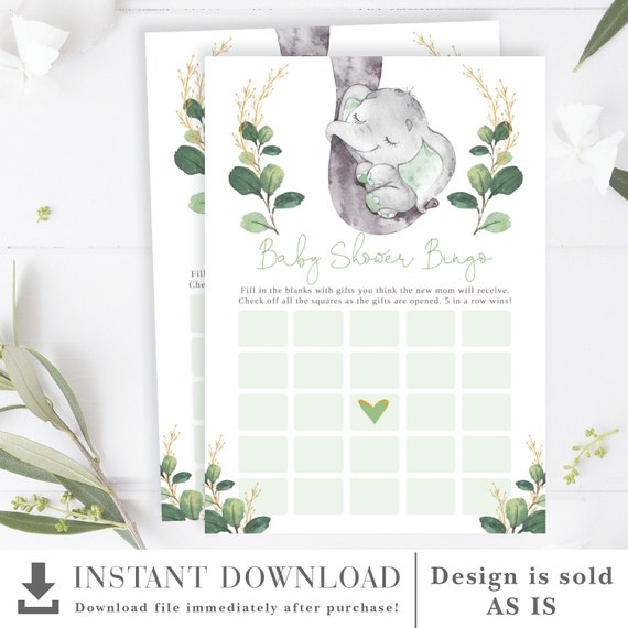 Modern Greenery Elephant Bingo Baby Shower Game. Green Gold Botanical Printable Game. Gender Neutral Jungle Elephant Instant Download. GR1 Il_570xn