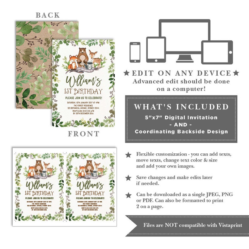 Botanical Woodland 1st Birthday EDITABLE Invitation. Greenery Forest Animals Printable Invite. Deer Fox Bear Raccoon INSTANT DOWNLOAD. BOT5 image 2