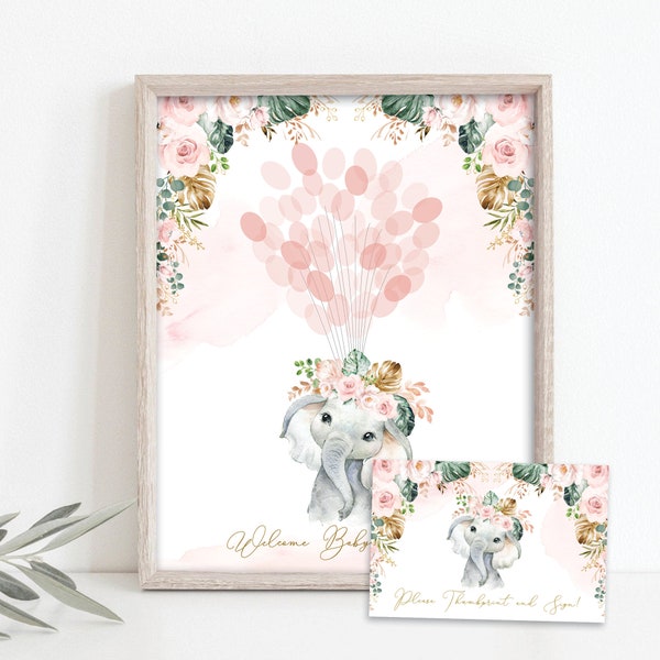 Pink Boho Elephant Thumbprint Guestbook Tropical Blush Floral Elephant Fingerprint Tree Printable Welcome Baby Sign EDITABLE TEMPLATE, EL1