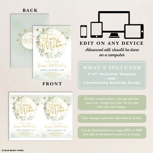 May include: Two editable invitation templates for a child's second birthday party. The front features a green and gold design with the text "Two on the Moon" and "George's 2nd Birthday". The back features a green and gold design with the text "Were on the Moon".