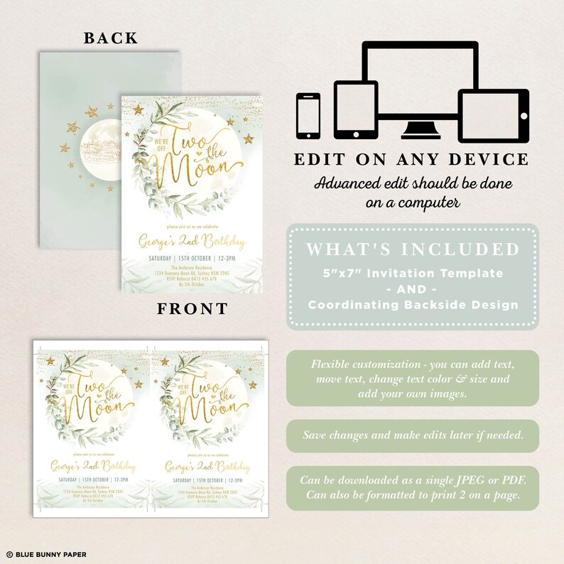 May include: Two editable invitation templates for a child's second birthday party. The front features a green and gold design with the text "Two on the Moon" and "George's 2nd Birthday". The back features a green and gold design with the text "Were on the Moon".