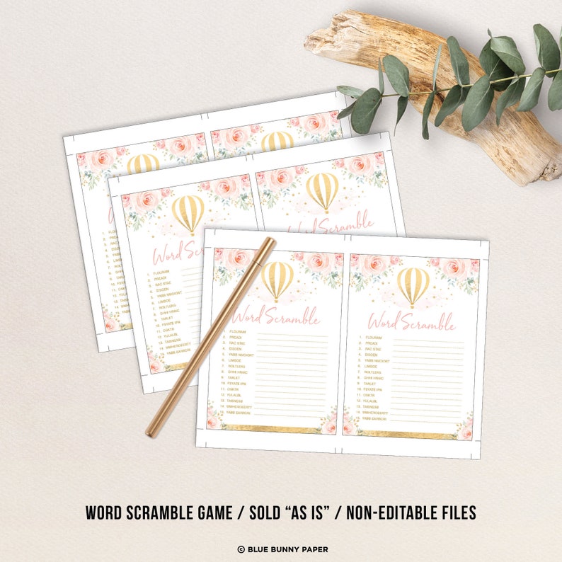 Hot Air Balloon Baby Shower Game, Word Scramble, Blush Pink Flower ...