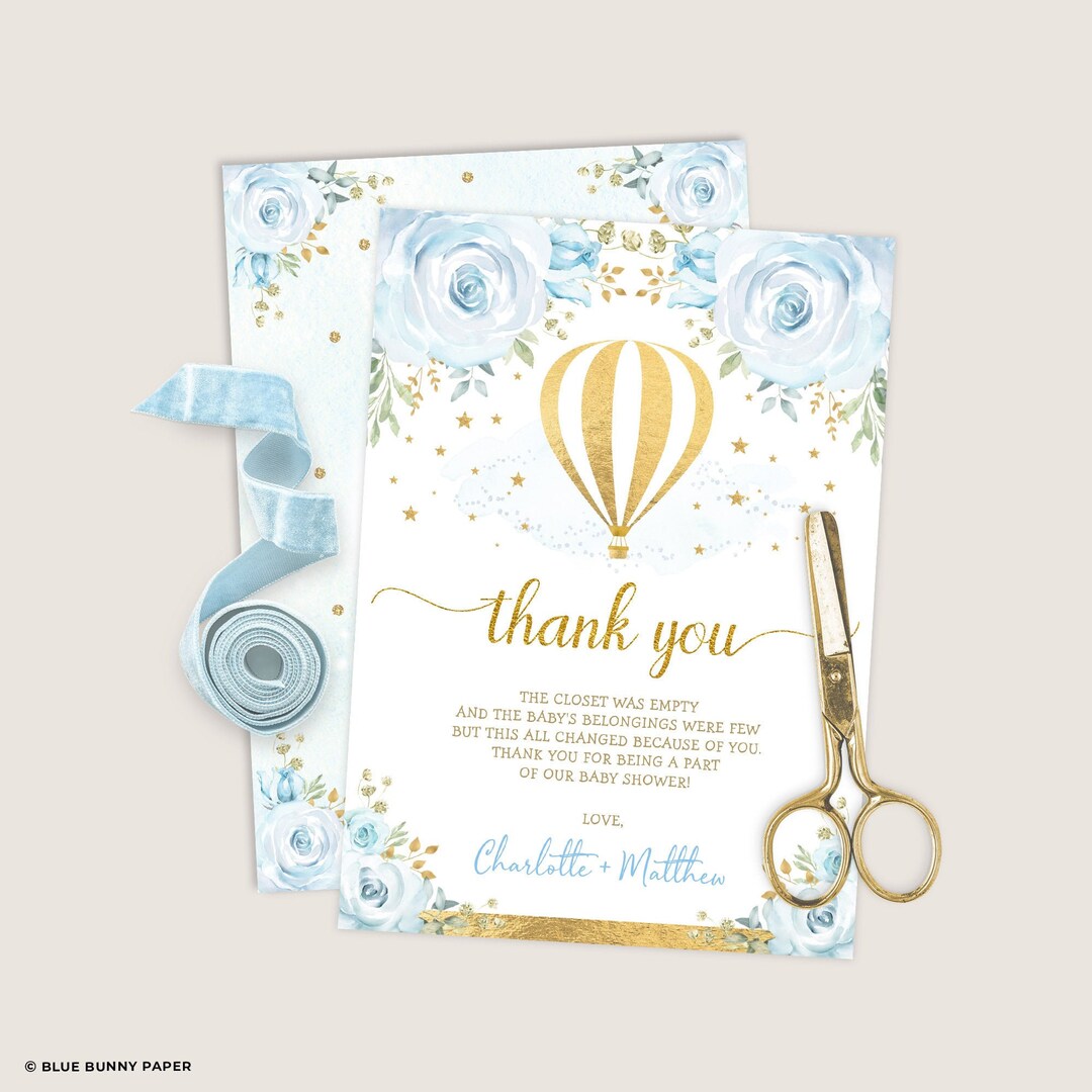 Hot Air Balloon Thank You Card Template, Editable Blue Gold Floral ...