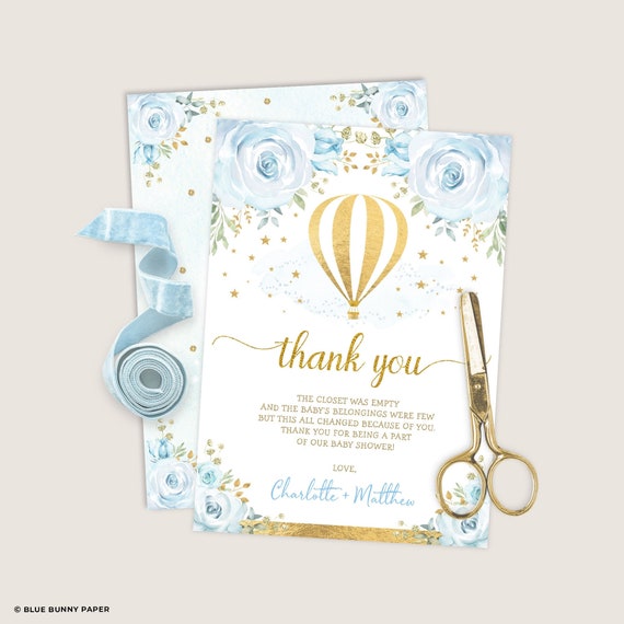 Hot Air Balloon Thank You Card Template, Editable Blue Gold Floral Adventure Baby Shower Printable, 1st Birthday Instant Download, HAB7 Il_570xn
