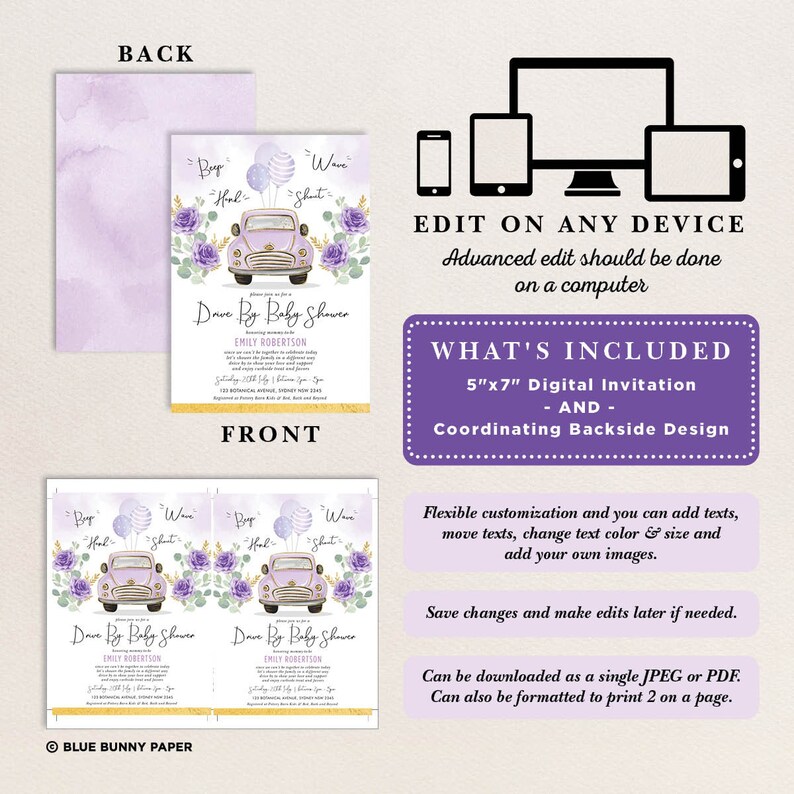 Editable Drive Thru Baby Shower Invitation. Purple Gold Car Etsy Canada