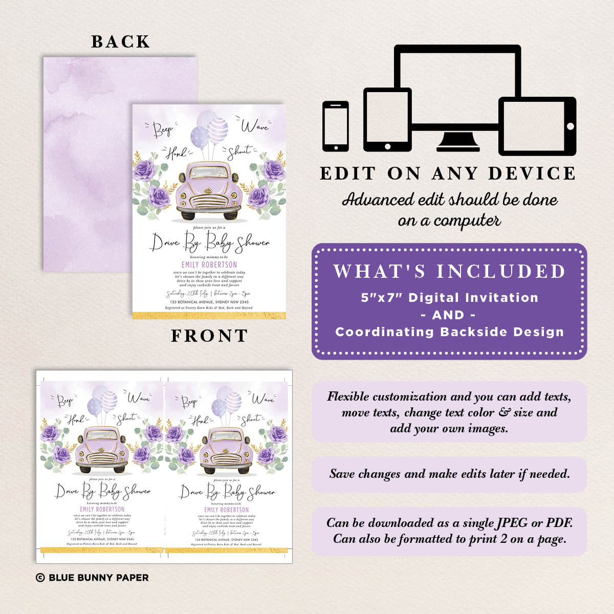 Editable Drive Thru Baby Shower Invitation. Purple Gold Car Etsy Canada