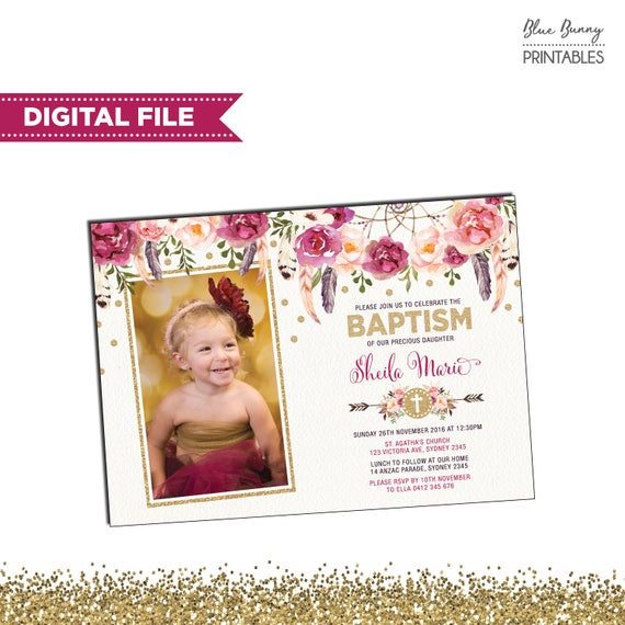 Girl Baptism Invitation. Burgundy Roses Pink Floral Christening Invite. Boho Bohemian Flower Confetti First Birthday Baby Girl Shower FLO13G Il_570xn