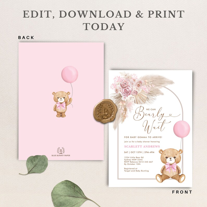 Pink Boho Teddy Bear Baby Shower Invitation Pampas Girl Bear Baby ...