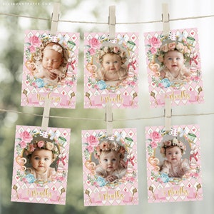 Alice no país das maravilhas banner fotográfico mensal Alice em ONEderland 1º aniversário marco cartões fotográficos Mad Hatter Tea Party MODELO EDITÁVEL AL1