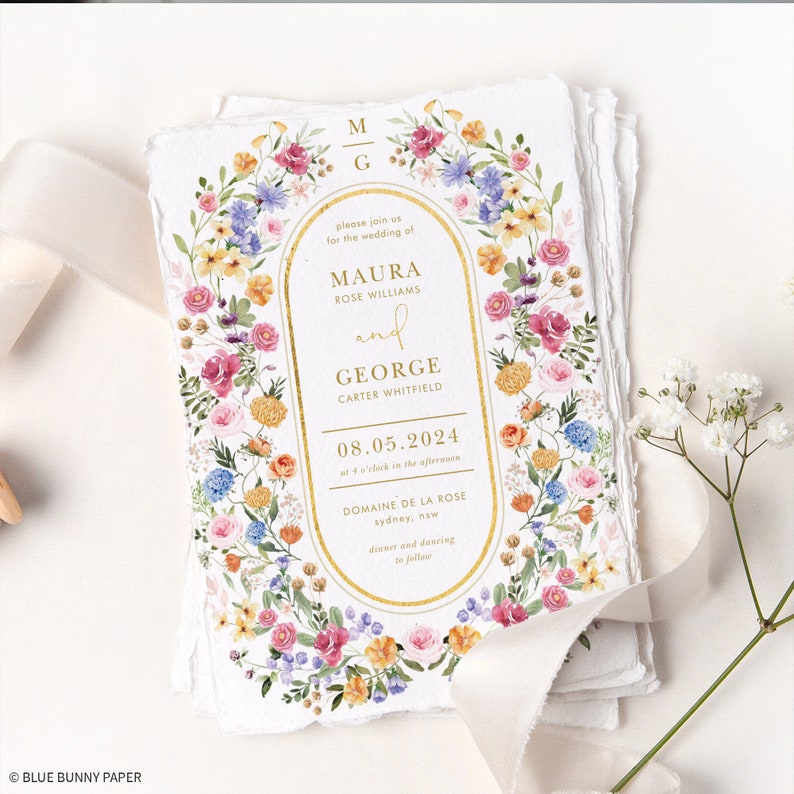 May include: A floral wedding invitation with a gold border and text. The invitation reads "Please join us for the wedding of Maura Rose Williams and George Carter Whitfield, 08.05.2024 at 4 o'clock in the afternoon, Domaine de la Rose, Sydney, NSW. Dinner and dancing to follow."