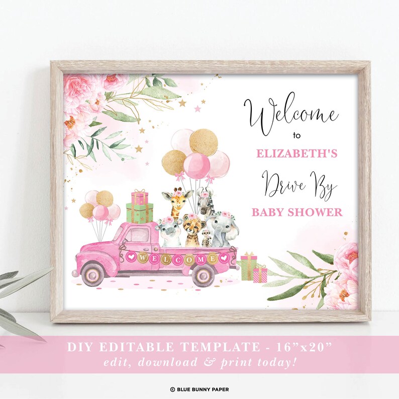 Drive By Safari Baby Shower Poster DB5 EDITABLE Girl Jungle Welcome Sign Pink Floral Wild Animals 1st Birthday Template Instant Download