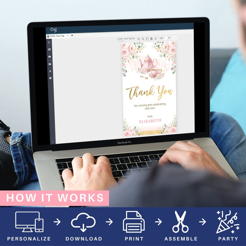 May include: A digital screen showing a printable thank you card with a pink teapot and floral design. The text on the card reads "Thank You for coming and celebrating with me! love, ELIZABETH". The screen is on a laptop computer. Below the screen is a graphic showing the steps to personalize, download, print, assemble, and party.