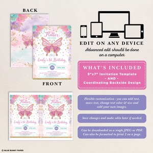 May include: A printable invitation template for a first birthday party with a butterfly theme. The invitation features a pink and gold butterfly with the text "Flutter On Over" and "Emily's 1st Birthday". The invitation is 5 inches by 7 inches and includes a coordinating backside design.