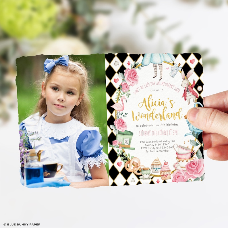 May include: Alice in Wonderland themed birthday party invitation with a photo of a young girl dressed as Alice. The invitation features a black and white chequered background with pink roses, a flamingo, a Mad Hatter, a white rabbit, and teacups. The text on the invitation reads "Don't be late for an important date, join us in Alicia's Wonderland to celebrate her 6th birthday, Saturday, 10th October at 3pm, 123 Wonderland Valley Rd, Sydney NSW 2345, RSVP Emily 0412345667 by 2nd September."