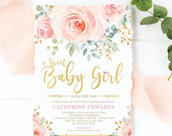 May include: A rectangular baby shower invitation card with deckled edges, featuring watercolor pink roses, green eucalyptus leaves, and gold accents. The text reads: A Sweet Baby Girl Is On Her Way, honoring Catherine Edwards, with event details.
