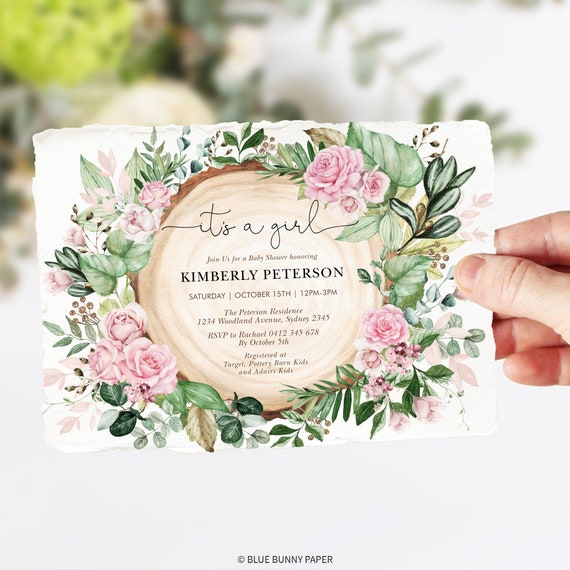 Rustic Blush Floral Baby Shower Invitation, Dusty Pink Roses Greenery Baby Shower Invite, EDITABLE Botanical Baby Girl Template, GR12 Il_570xn