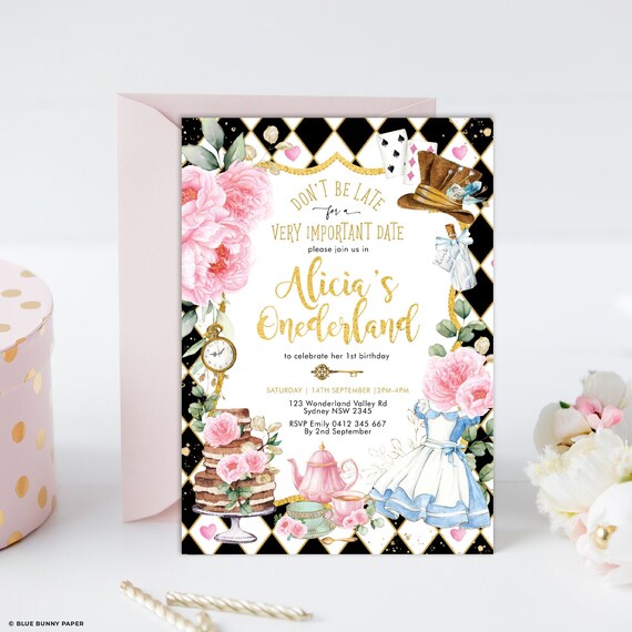 Editable Alice in Wonderland Birthday Invitation, Onederland Girls 1st Birthday Invite, Mad Hatter Tea Party Printable Template Download AL3 Il_570xn