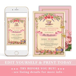 May include: Pink and gold baby shower tea party invitation with floral accents. The invitation features a teacup and teapot with a pink ribbon and the text "Baby Shower Tea Party" and "Alice Henderson".