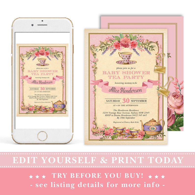 Vintage Tea Party Baby Shower Invitation Template, EDITABLE Sip and See Baby Girl Invite, Retro Chic High Tea Printable Download, TEA9 image 4