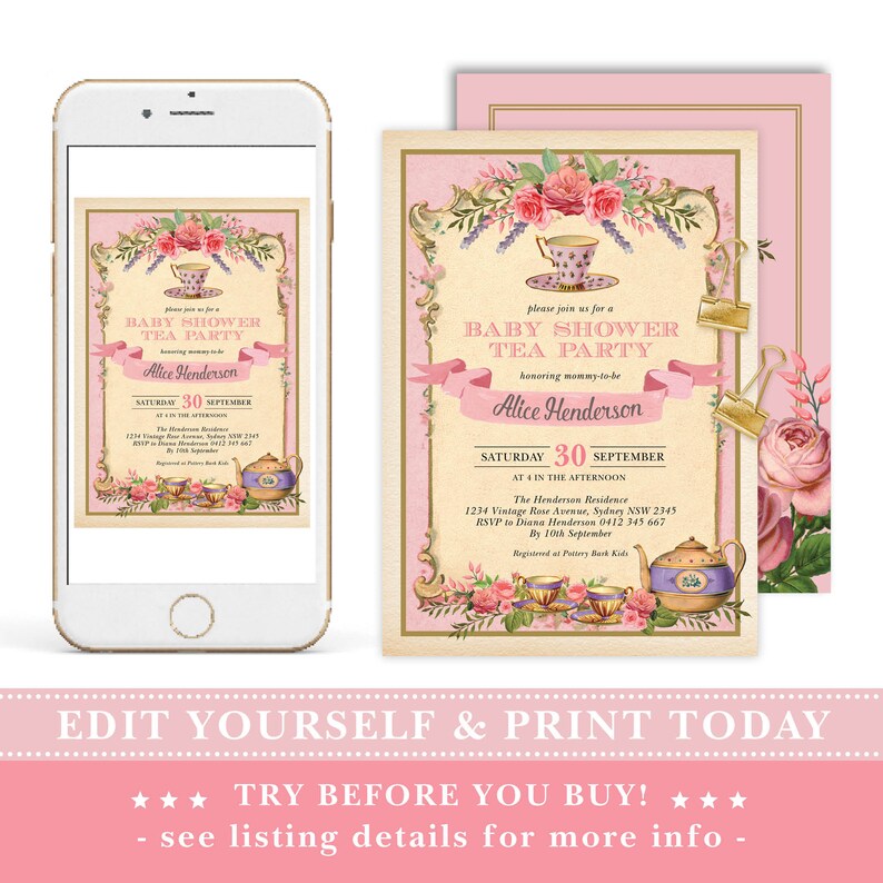 May include: Pink and gold baby shower tea party invitation with floral accents. The invitation features a teacup and teapot with a pink ribbon and the text "Baby Shower Tea Party" and "Alice Henderson".