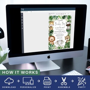 May include: A digital screen displaying a printable baby shower invitation with a jungle theme. The invitation features a green, leafy background with a variety of animals, including a giraffe, lion, elephant, and zebra. The text on the invitation reads "A Sweet Baby Boy Is On His Way!" and includes the name "Savannah Green" and the date and time of the event.